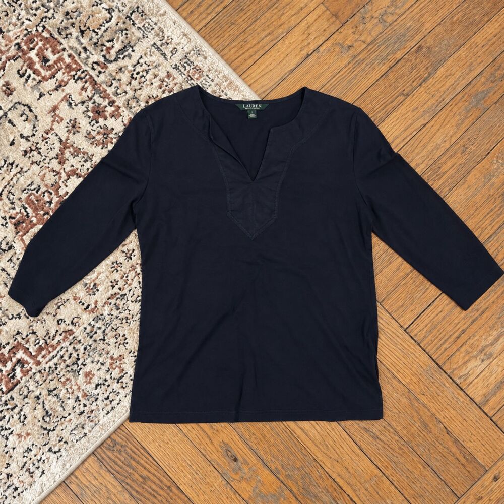 Lauren Ralph Lauren Navy Split Neck Three Quarter Sleeve Top Large